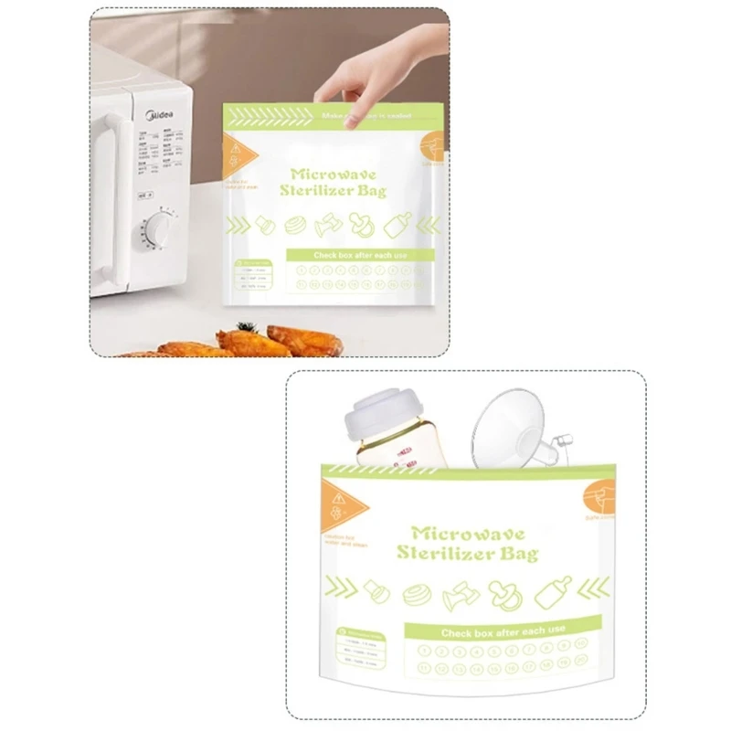 10 hojas/juego de bolsas esterilizadoras de vapor reutilizables para microondas para biberones de leche y parte de pecho