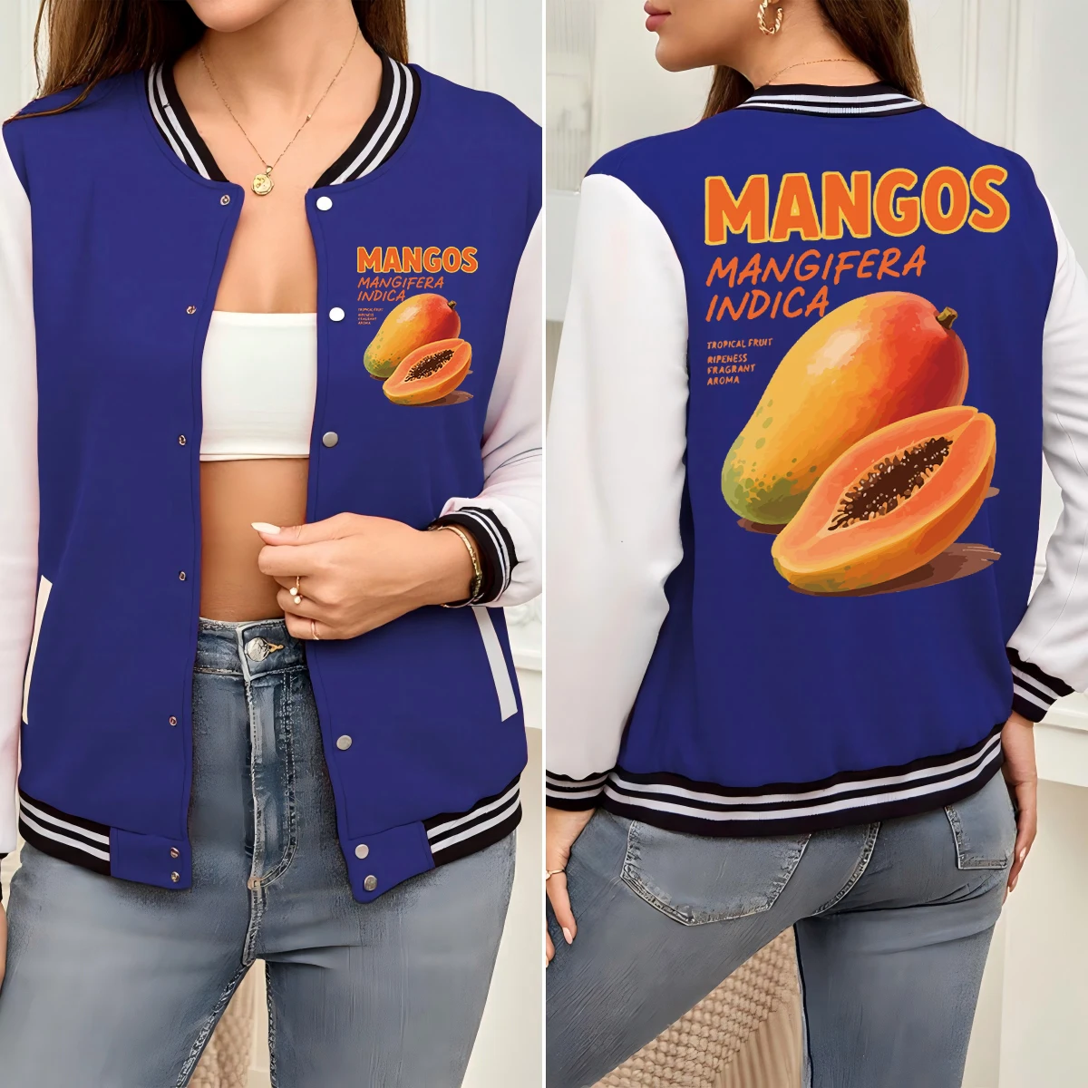 

Женская бейсбольная форма с принтом свежих фруктов Mangos Indica, мягкая свободная одежда, красочные хлопковые куртки, осенняя уличная одежда в стиле хип-хоп