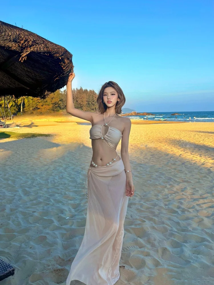

New Island Vaion Pure Desire Sexy Bikini Strap Pearl Tie High-End Separate Long Skirt Tee-Piece Swimsuit Sexy Bikini