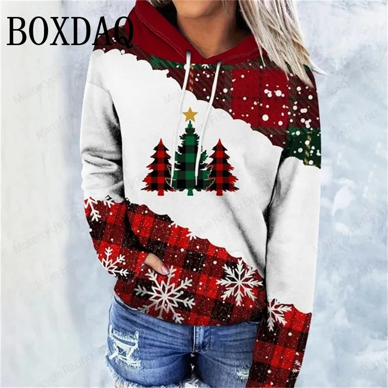 Santa Claus Sweatshirt Christmas 3D Print Hoodies Women Fashion Hooded Women Winter Casual Pocket X-mas Snowflake Loose Top 2025