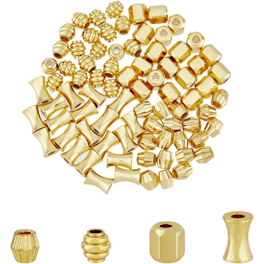 80Pcs 4 Styles Geometric Spacer Beads Hexagon Column Bicone Shape Beads European Loose Bead Golden Spacer Loose Bead Large