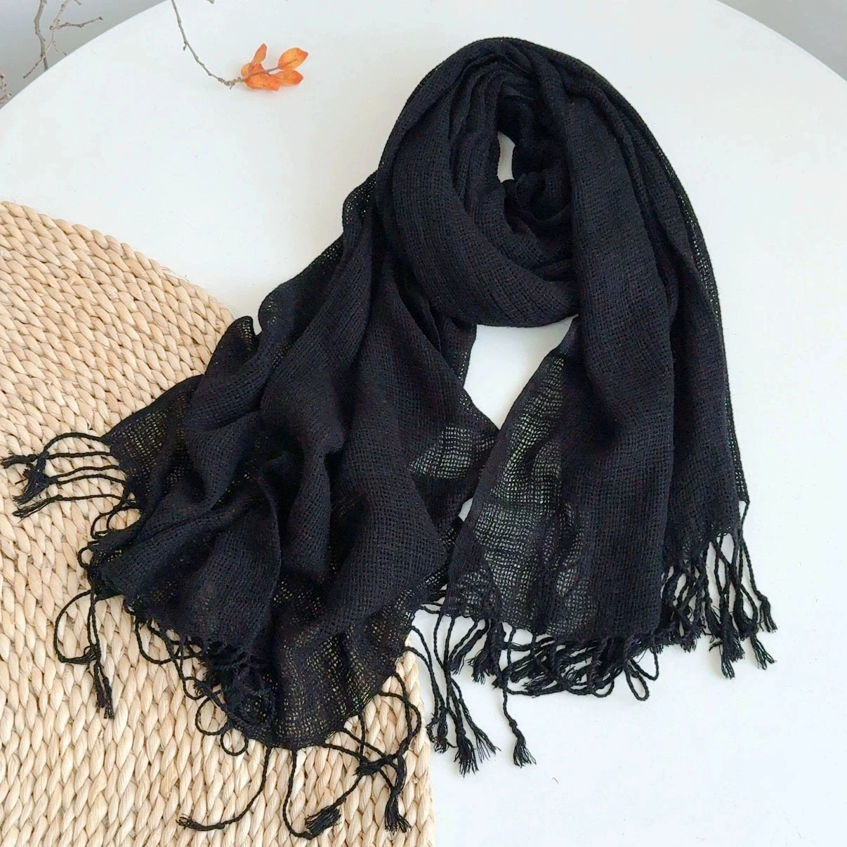 

Women Vintage Black Color Scarf Long Soft Warm Autumn Winter Korean Style Personalized Hollow Cotton and Linen Mixed Scarves