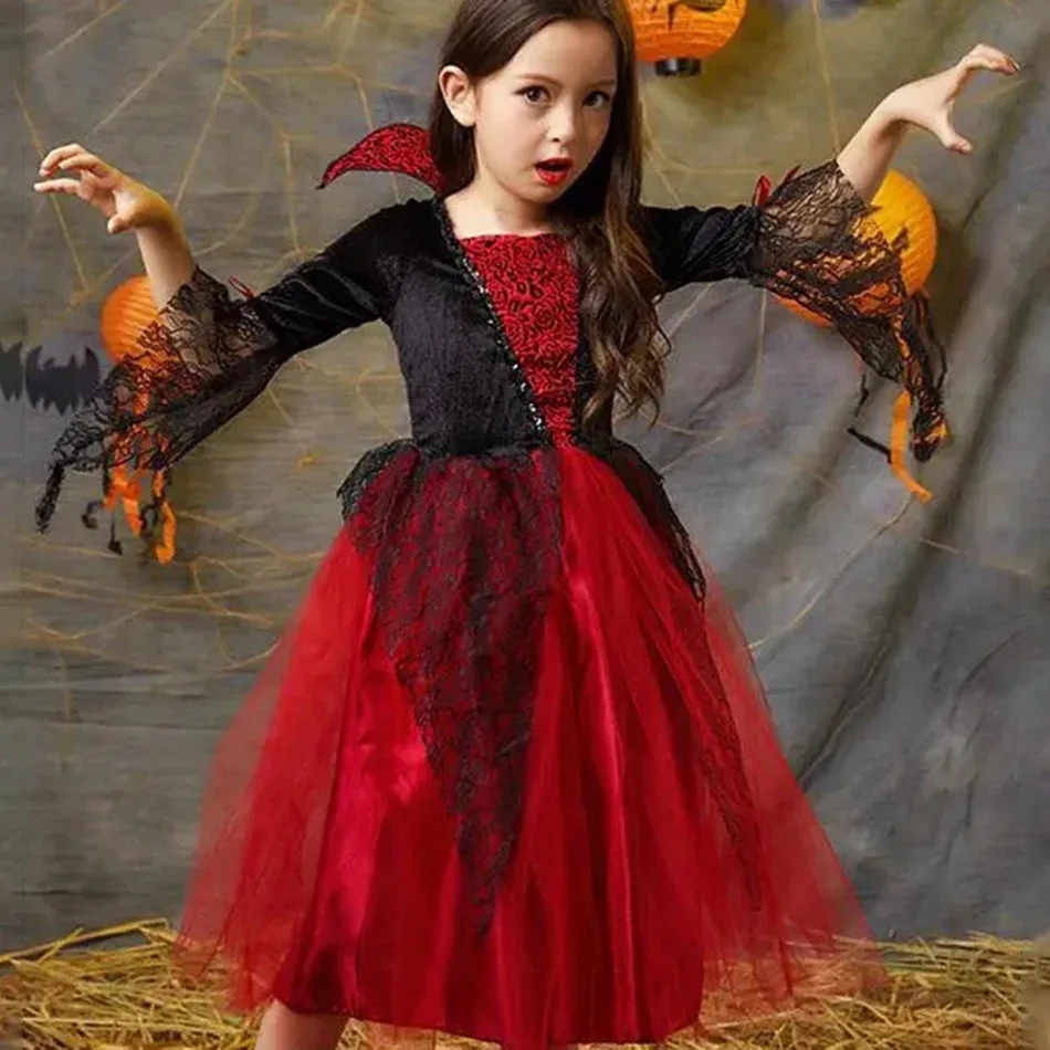 Girls Devil Long Lace Gown Feather Wings Horn Headband Trident Wand Halloween Kids Stage Cosplay Party Outfit