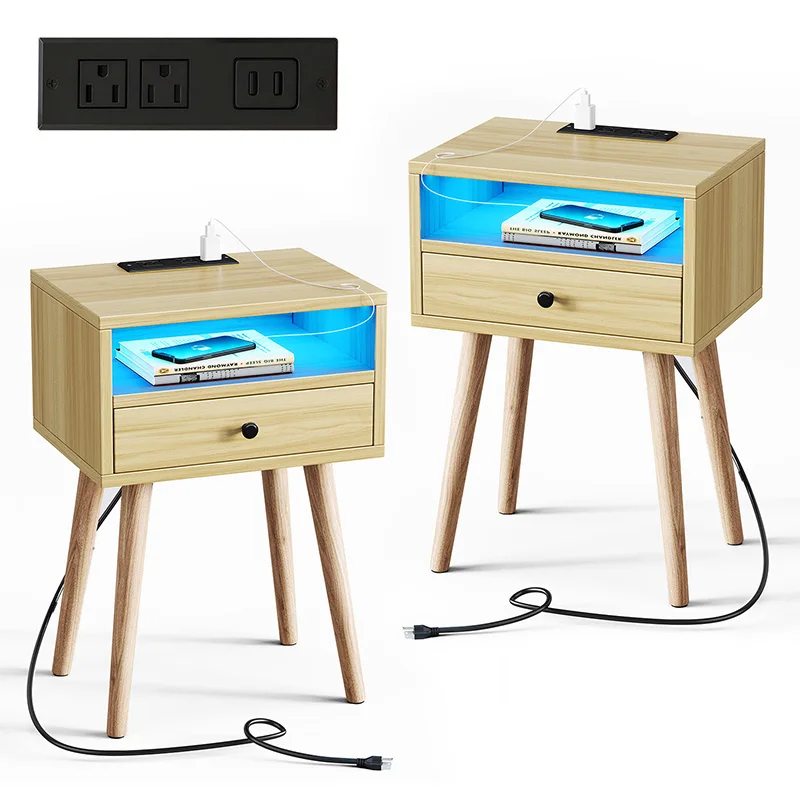 AIROW Hanyee Wooden Nightstand, Remote Control LED Bedside Table with Power Socket