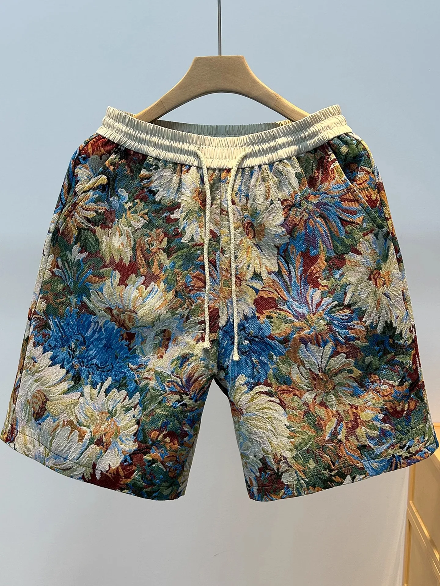 

Summer Men's Short Pants Floral Painting Beach Style American Casual Five-Point Middle Pants Ethnic Wind Breathable Straight Leg