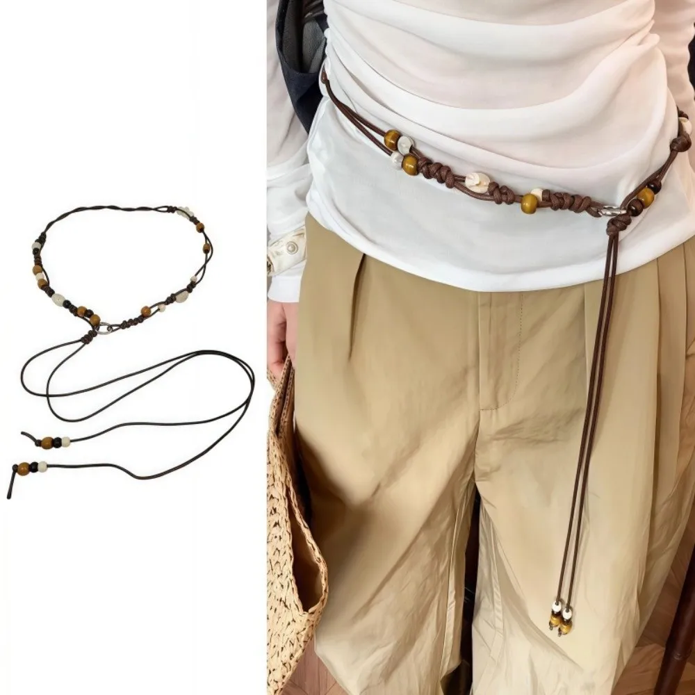 Boho Hand-Woven Waist Chain Adjustable Wooden Bead Decorative Waist Belt High-End Slenderizing Waist Rope for Dress and Jeans