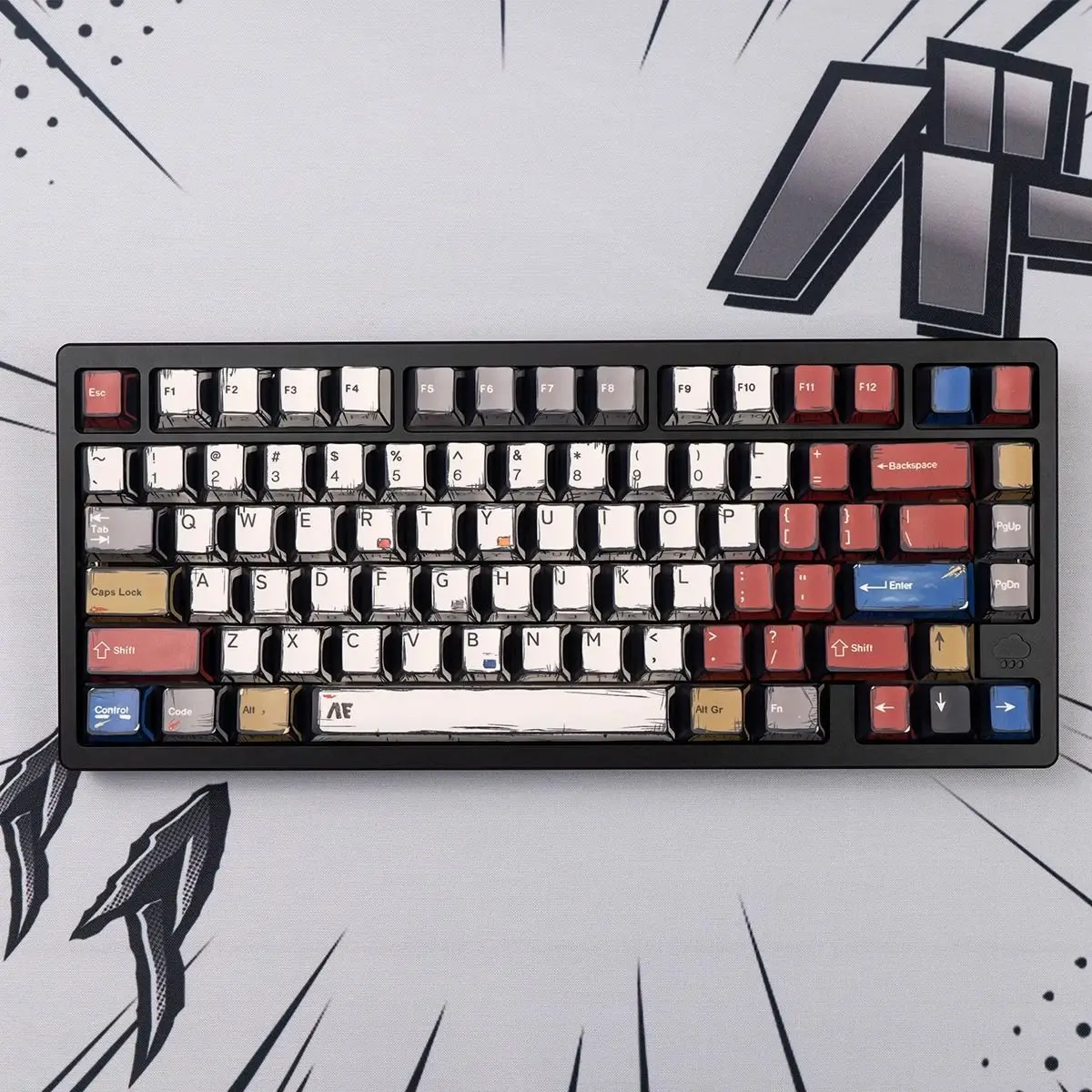 Bunte Tastenkappen im Comic-Stil mit gemischtem Licht, Original-Fabrikhöhe, PBT, 74/135 Tasten, mechanische Tastatur, Kirsch-Tastenkappe, verpackt