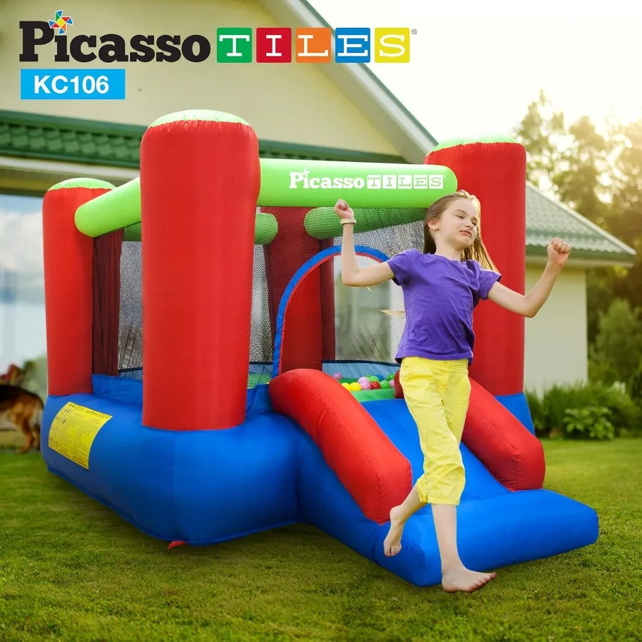 8x7 Foot Junior Inflatable Bouncer, Kid Park, Jumping Bouncing House, Jump Slide Playhouse w/ 50 Pit Balls, 3 Sides Mesh Protec