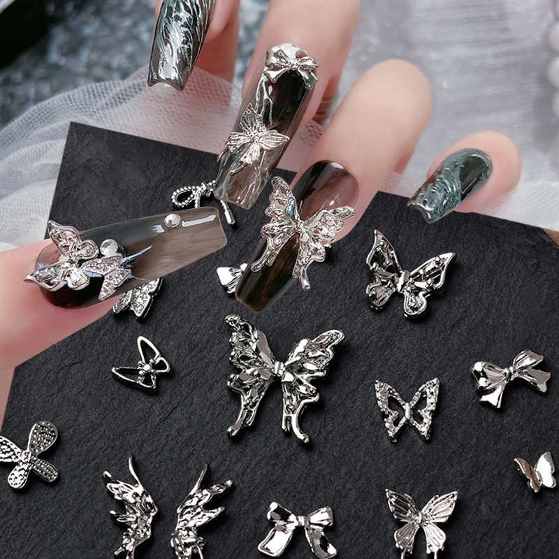 10Pcs Mini Bowknot Silver Metal Nail Charms Mixed Butterfly Shaped 3D Nail Art Decoration Gold Bowtie Heart Manicure Accessories