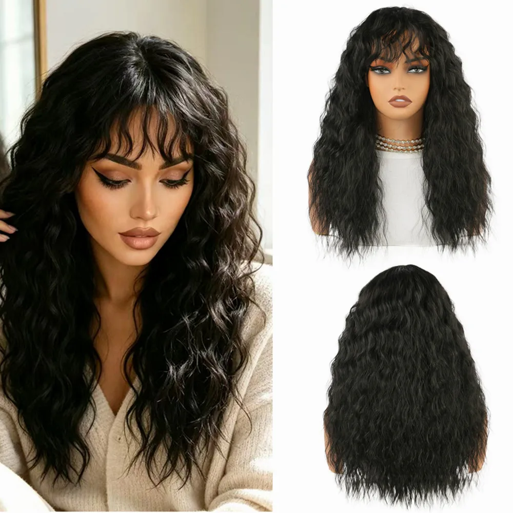 28 Inch Long Water Wave Synthetic Wig with Bangs 1B Black High Temperature Fiber Women's Curly Wig for Daily Party Cosplay