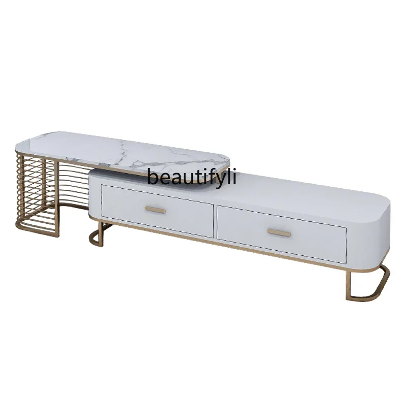 Luxury Marble TV Cabinet Modern Minimalist Small Apartment Living Room Multi-Functional Retractable Coffee Table