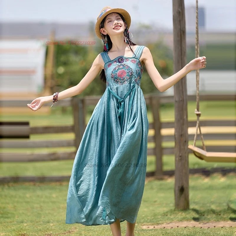 Vestido vintage oriental 2024, vestido tradicional étnico hanfu, vestido acampanado con bordado de flores nacionales, vestido de princesa sin mangas