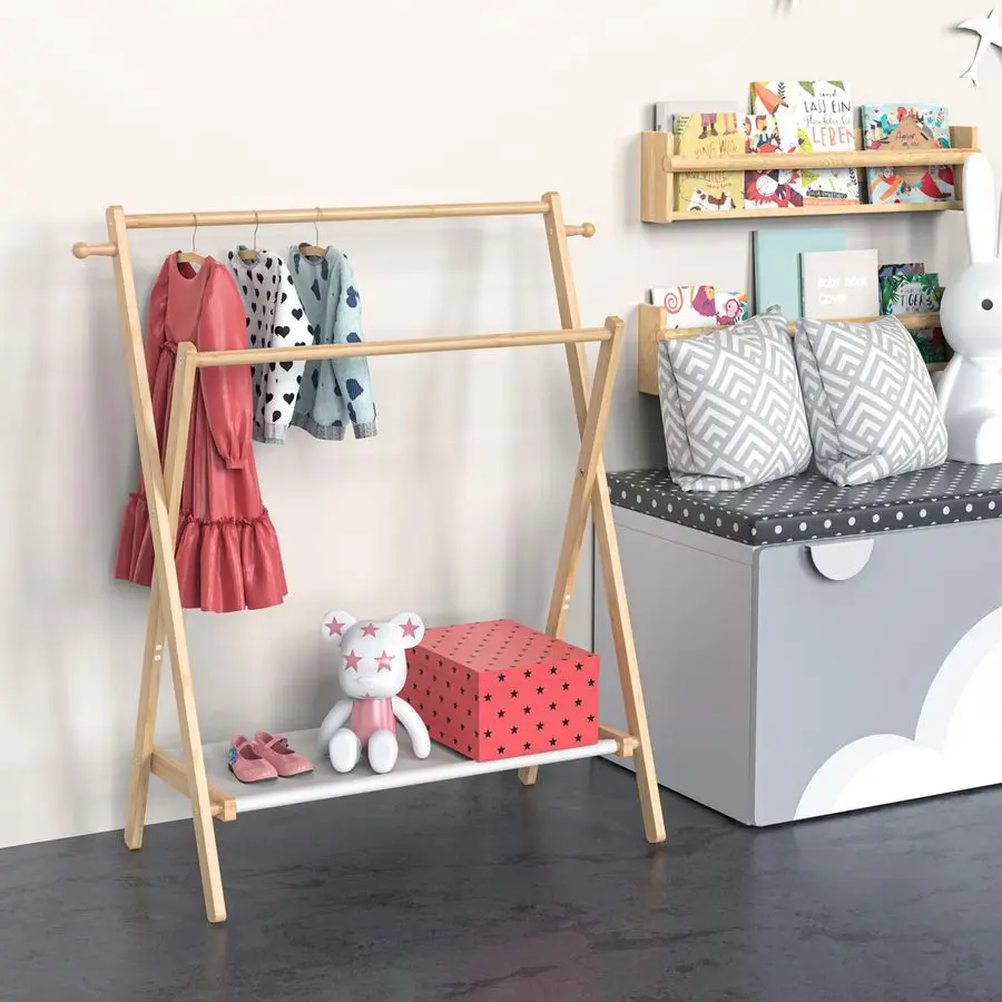 Kids Clothing Rack, Small Clothes Rack for Toddler Pets, Kids Dress Up Rack with Storage Shelf Double Rods, Foldable Kids Cloth