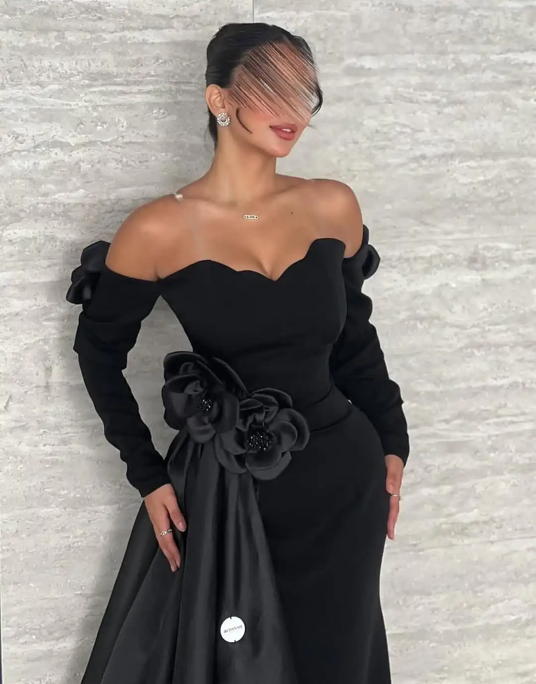 Customized Black 3D Flowers Mermaid Off the Shoulder Prom Dresses Long for Women 2026 Long Sleeve Velvet Formal Evening Gowns