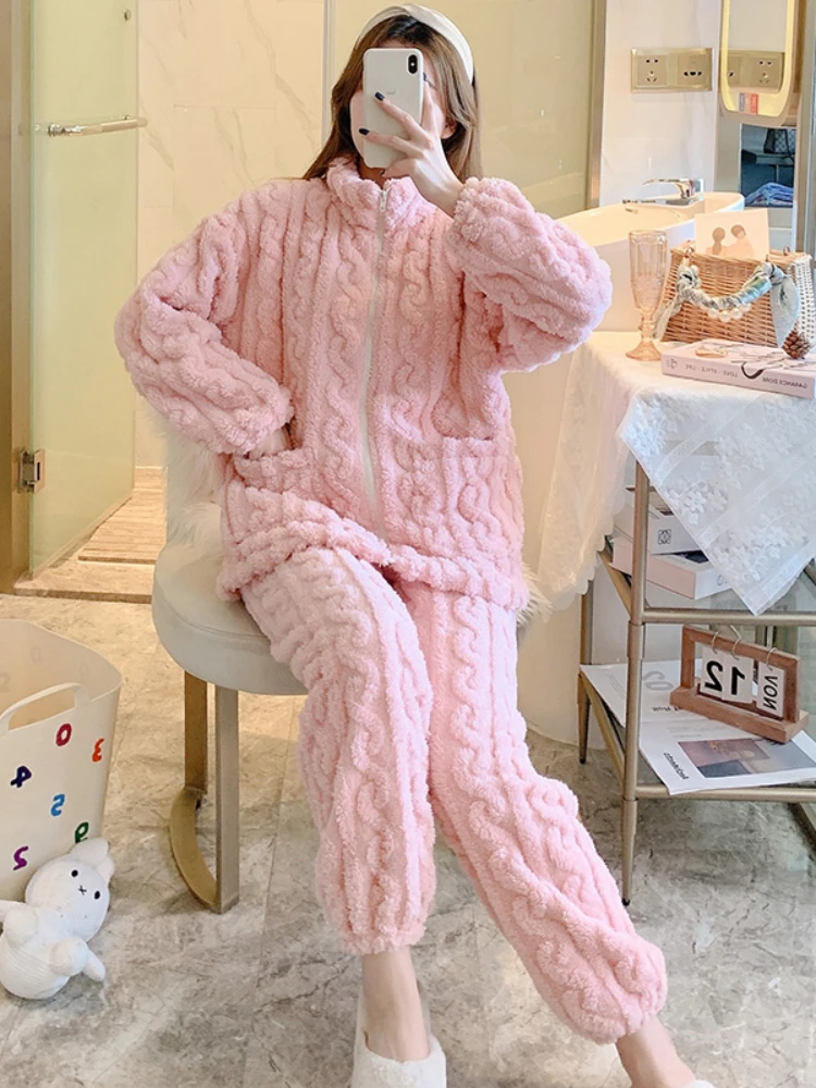 Autumn Winter Zipper Pajamas Set Women Loungewear Warm Sleepwear Home Suits Homewear Ladies Flannel Plush Lounge Sleep Wear