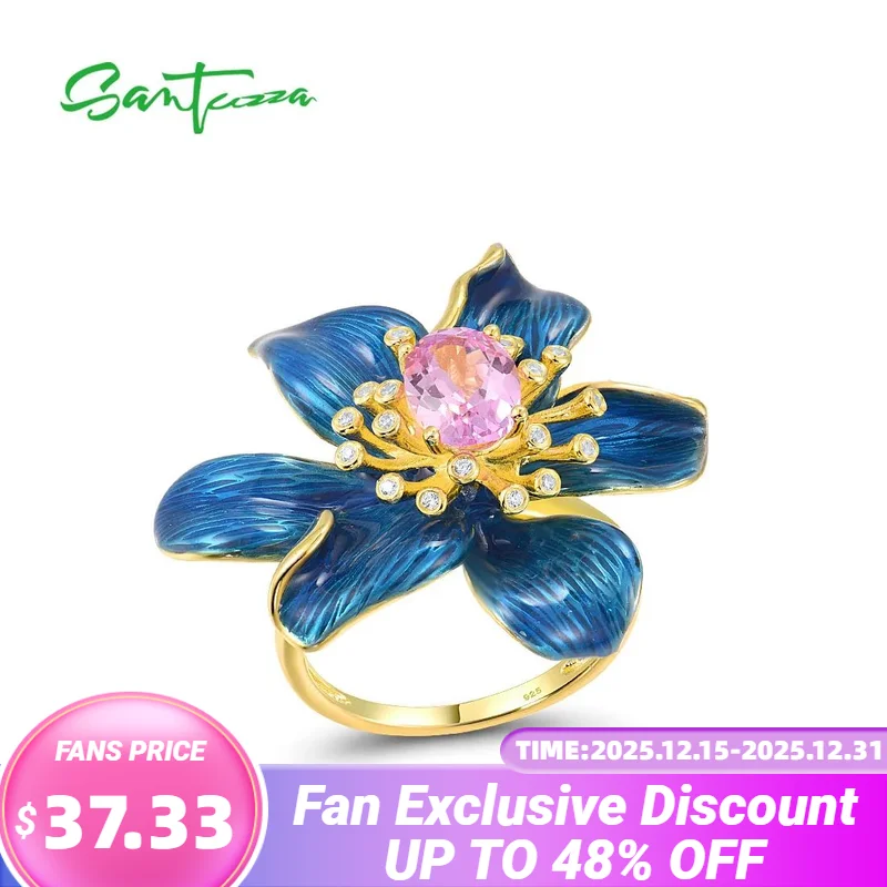 

SANTUZZA Silver Rings For Women 925 Sterling Silver Blue Blooming Flower Lab Created Pink Sapphire Fine Jewelry Handmade Enamel