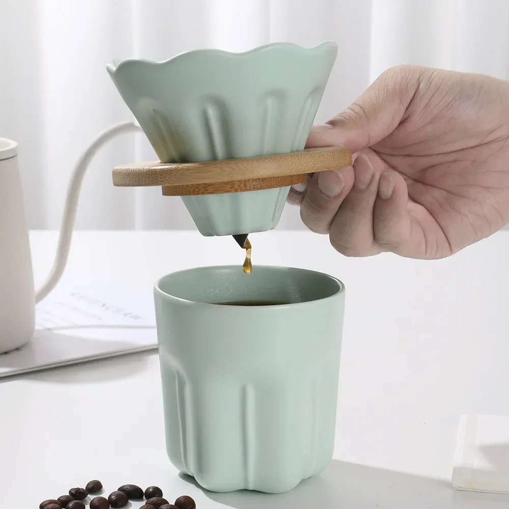 Ceramic Hand-brewed Coffee Filter Cup Magnolia Macaron Three Color Coffee Filter Cup High Temperature Resistance Hand Punch Set