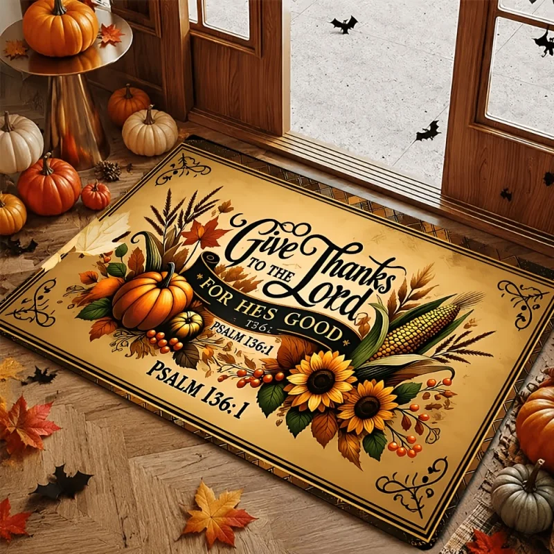 Thanksgiving Give Thanks Pumpkin Sunflower Doormat, Vintage Harvest Print Entry Rug, Autumn Front Door Home Decor