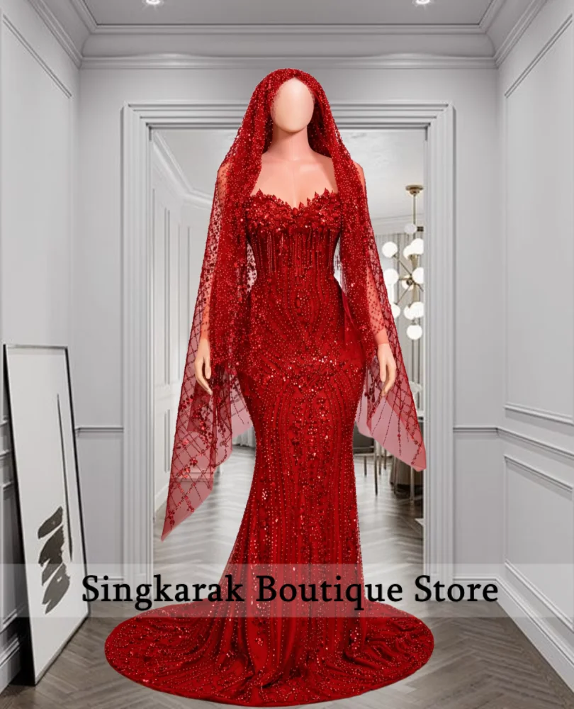 Red Rhinestone Matching Cape Veil Women Mermaid Prom Dress Formal Wedding Eveing Party Gown Customized