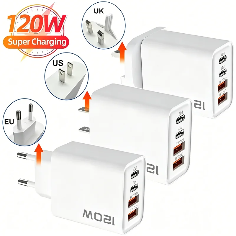 4-Port 120W Ladegerät Quick Charge 3.0 USB-C PD Typ-C USB Telefonladegeräte Schnellladegerät für iPhone Samsung Xiaomi Huawei