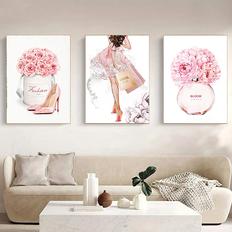 3Pcs/Set Pop Fashion Canvas Print Poster Girl Perfume Bottle Pink Floral High Heels Wall Art Modern Home Decor Frameless
