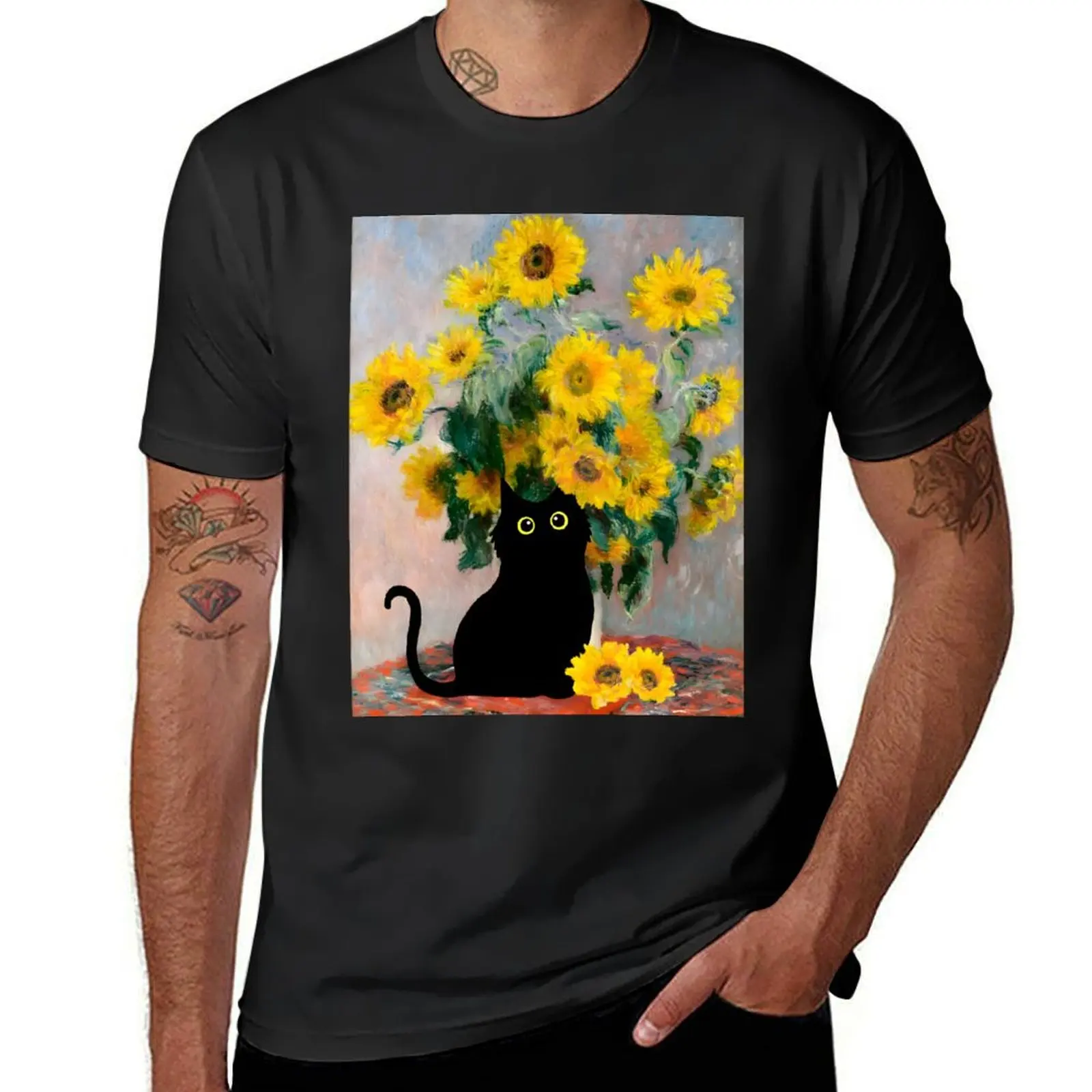 

Claude Monet Sunflowers Black Cat T-Shirt boys whites vintage clothes mens t shirts casual stylish