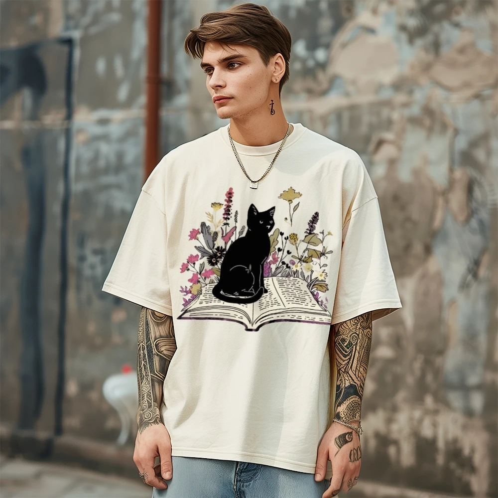 

Y2k Black Cat Graphic T Shirt Oversized Hip Hop Streetwear Creative Graphic Print Washed T shirt Unisex Harajuku Clothing Tops