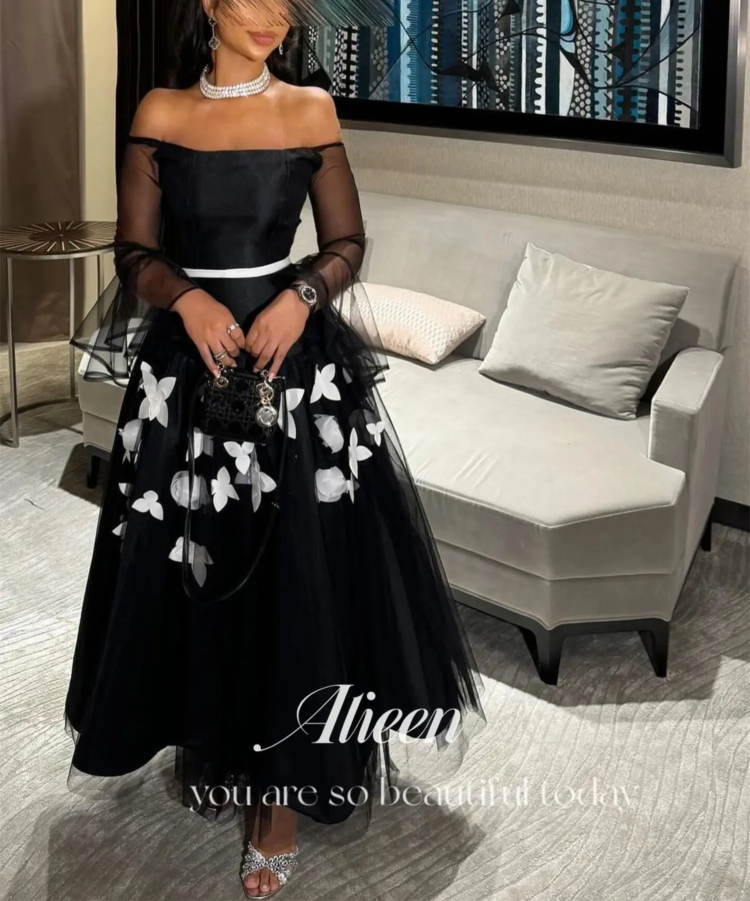 Aileen Black 3D Flowers A-line Customized Women Evening Dress on Offer Party Dresses Woman Ball Gowns Robe De Soiree Femmes Gala