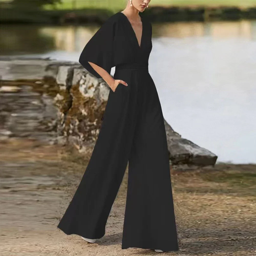 Kombinezony damskie na każdą porę roku, codzienne, podstawowe, jednokolorowe, luźne, z długim rękawem, dekolt w serek, pełna długość, szerokie nogawki, modne kombinezony.