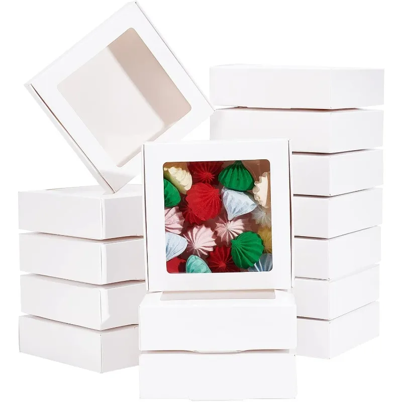 16Packs 4.2x4.2x1.2inch Clear PVC Square Window Gift Boxes, White Kraft Paper Present Packing Boxes for Party Favor Treats