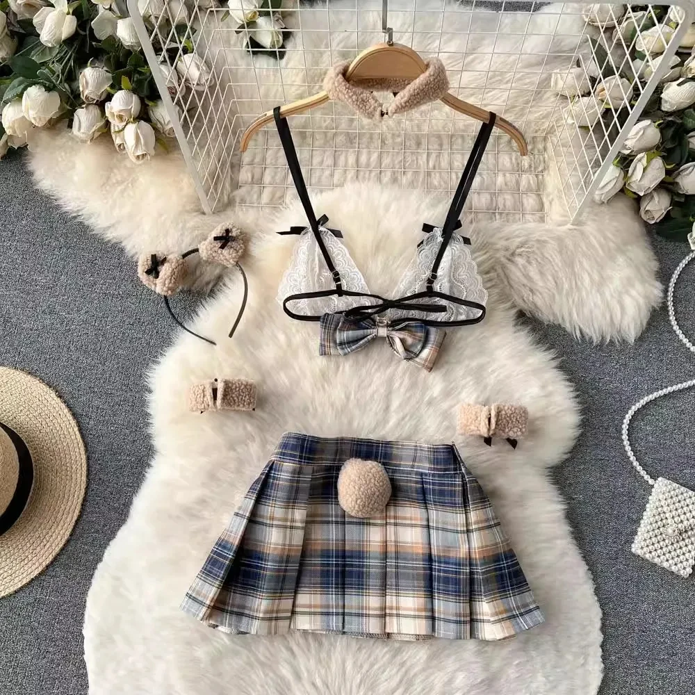 Short Skirt Sailor Chic Women\'s Dress Sexy Pleated Suits Lace Bra Brief Plaid Mini Skirt Preppy Style Ins Hotsweet 5 Pieces Sets