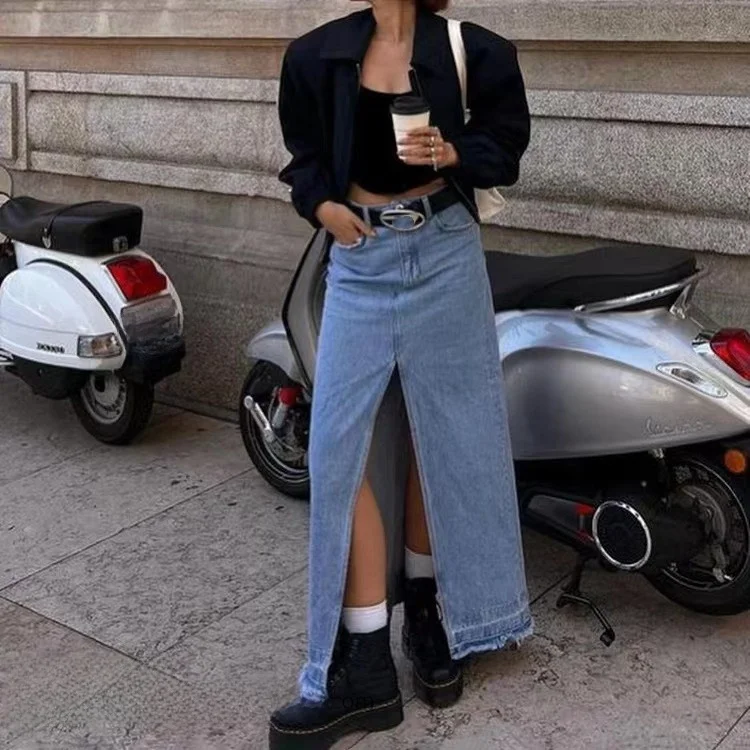 

Новая винтажная джинсовая юбка А-силуэта 2023 года с разрезом, высокой талией, миди, женская, весенняя, модная, цветная