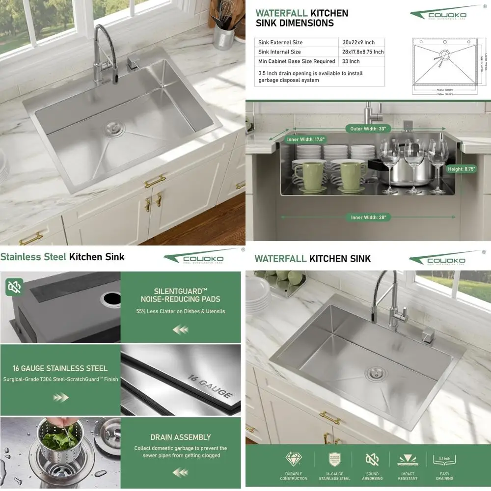 

30-дюймовая кухонная мойка с одной чашей из нержавеющей стали — глубокая круглая угловая раковина с верхним креплением, большая раковина ручной работы 16 калибра для кухни