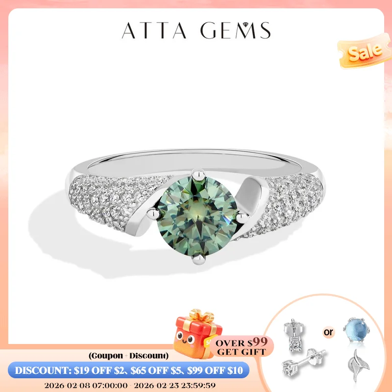 

ATTAGEMS Round Cut 1CT Yellowish-Green Moissanite Rings Original Color S925 Sterling Silver Wedding Ring for Women Fine Jewelry