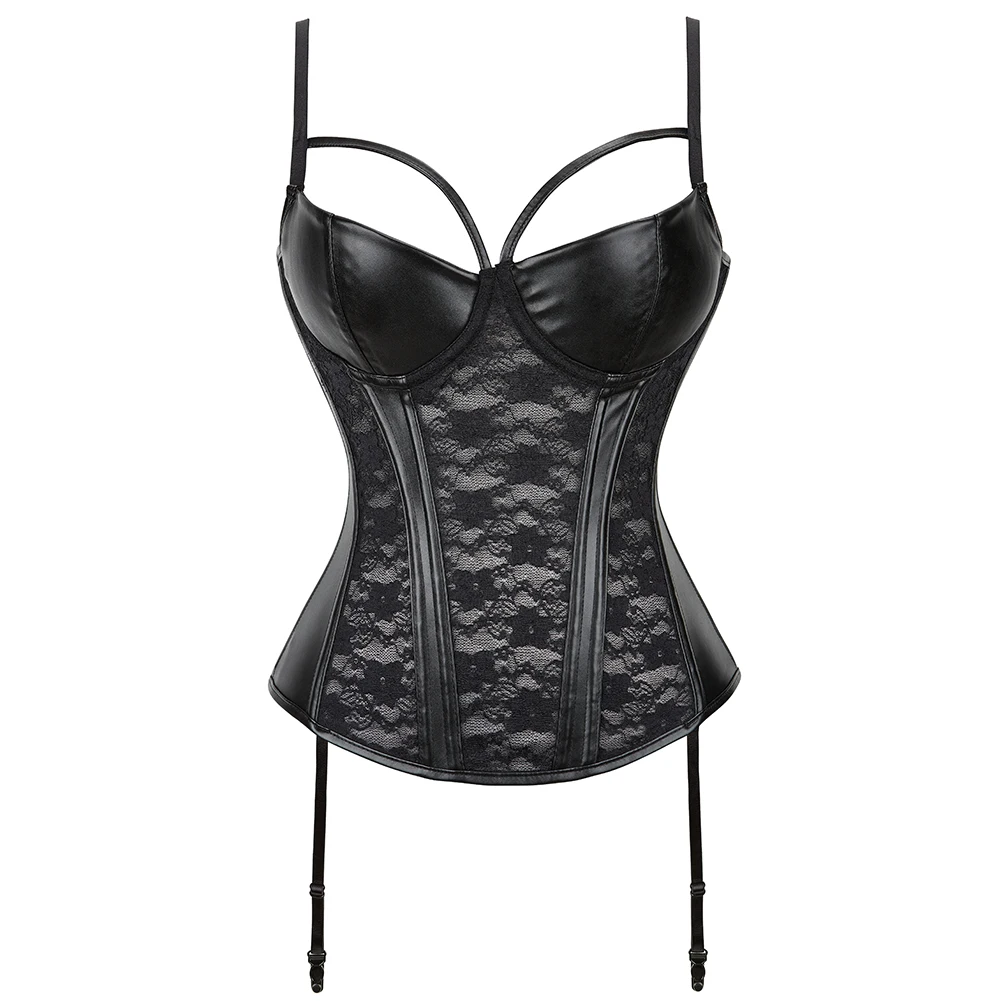 3/4 Padded Cup Women\'s Corset Faux Leather Stitching Lace Boned Corset Adjustable Hook & Eye Bustier Plus Size