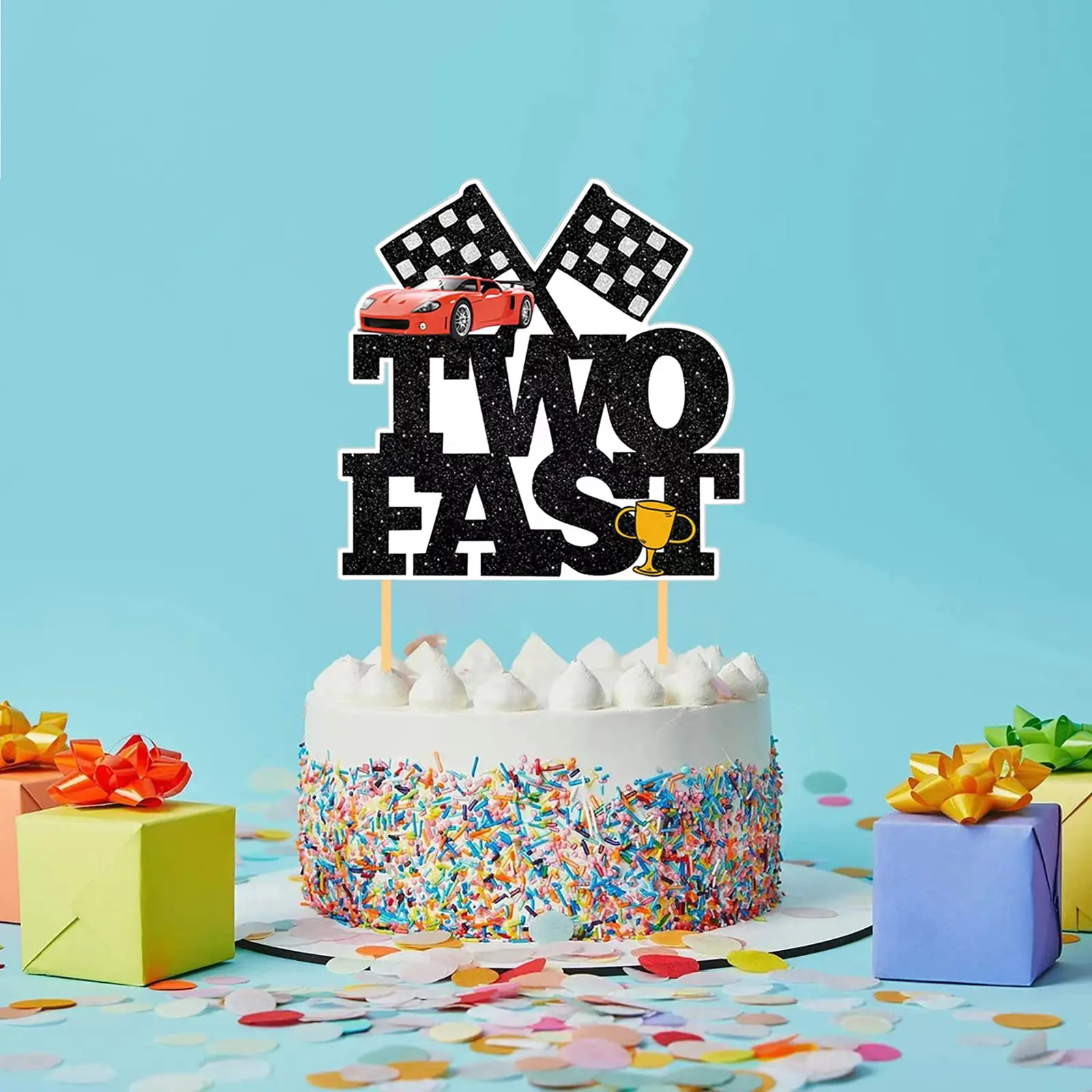 

TWO FAST Theme Party Decoration Race Car Birthday Cake Decorations Black and White Checkered Flag Cupcake Toppers Supplies