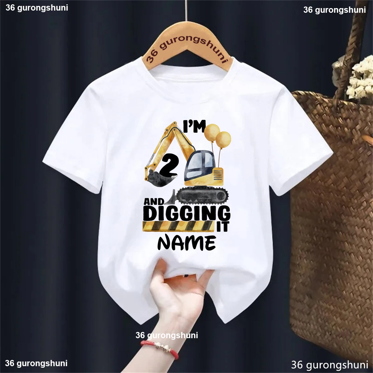 Custom Name I Am 2nd And Digging It Excavator Printed T Shirt Boys 2nd Birthday Gift Shirt Summer Short Sleeve Solid T-Shirt