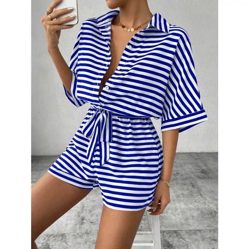 Women Fashion One Piece Short Sleeve Striped Overalls Shorts Pants Ladies Elastic Waist Turn Down Collar Rompers