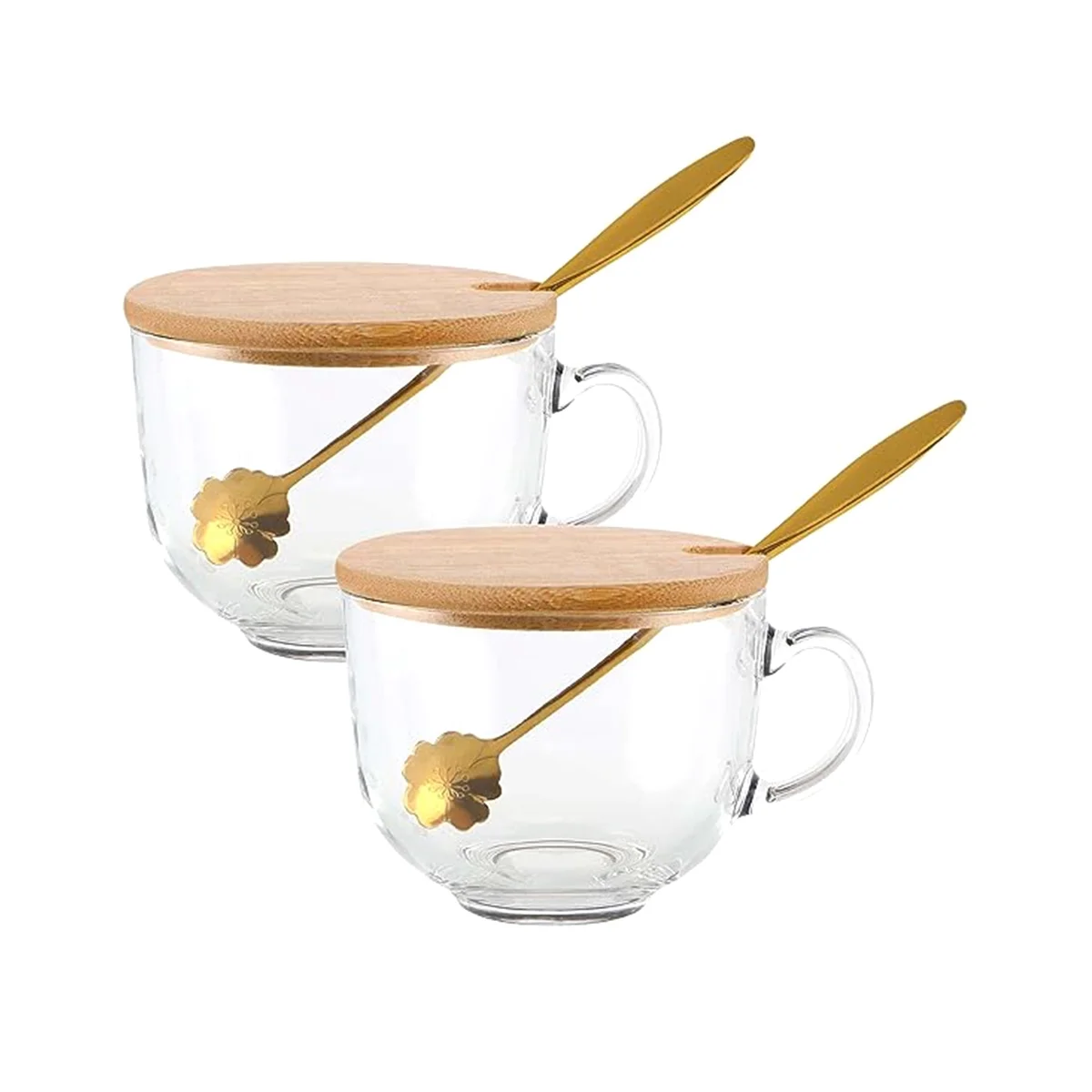 Coffee Mugs with Handle, Glass Cups with Bamboo Lids& Spoons, Clear Drinking Glasses for Tea,Cereal,Yogurt