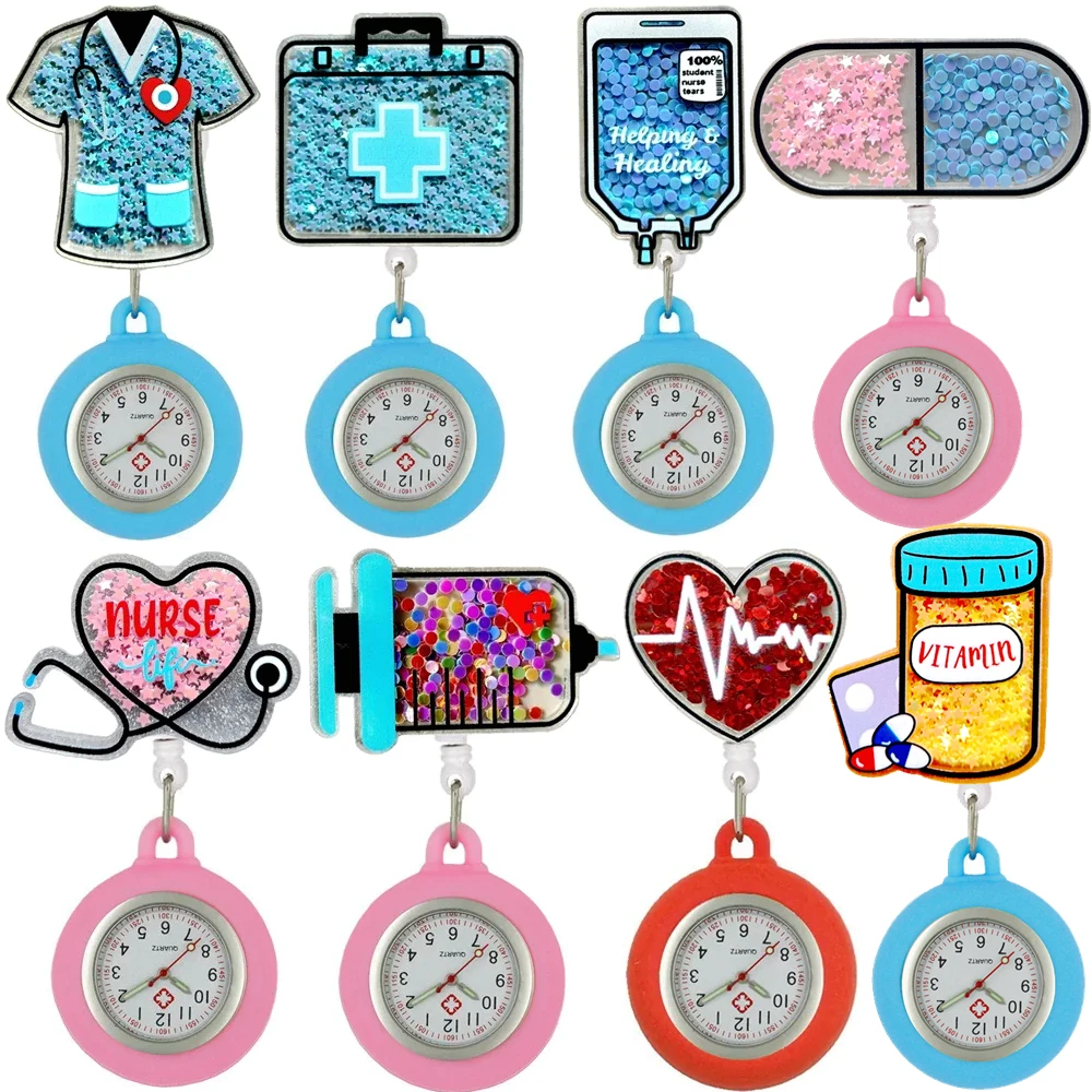 Schiebe glänzende Sterne aus Kunststoff, einziehbar, Krankenhaus, medizinische Symbole, Herz, Krankenschwester, Arzt, FOB, Taschenuhren, Clip-Hänge-Medizinuhr