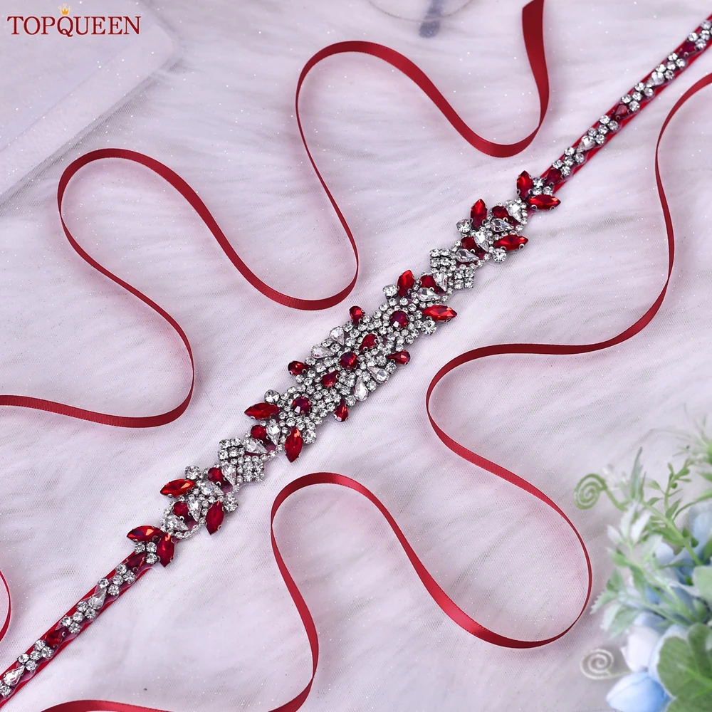 TOPQUEEN Bridal Red Gemstones Thin Belt Luxury Wedding Handmade Ribbon Sash Wedding Belt Dress Waist Accessories S51-Red