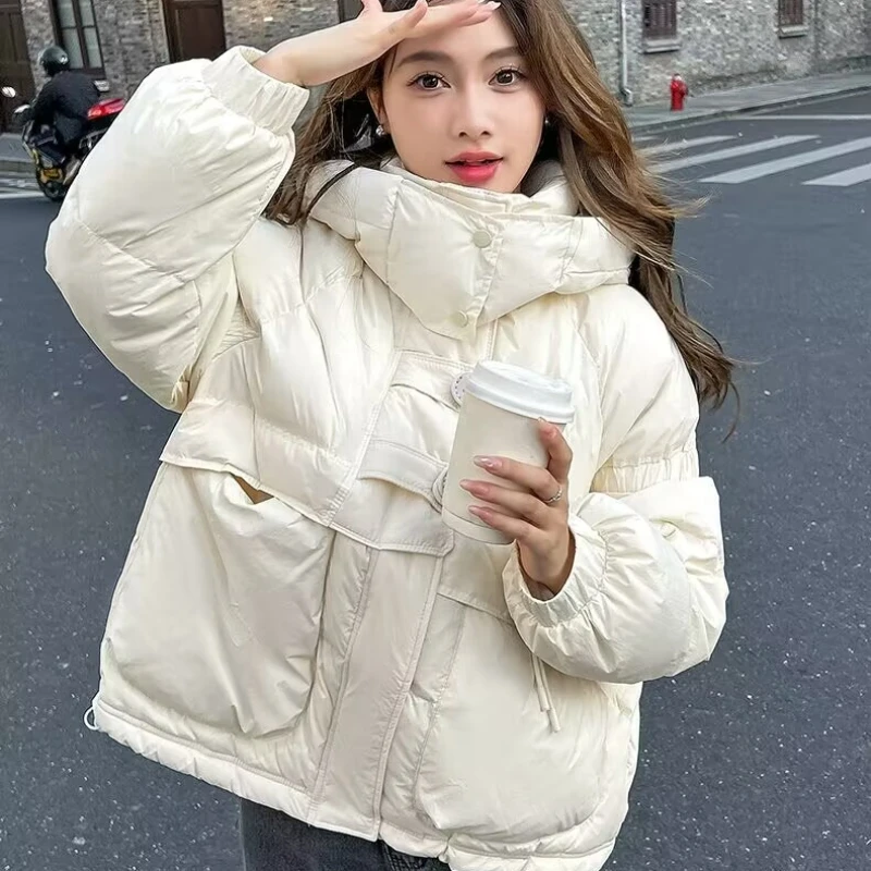 Women's Short Hooded Down Jacket Autumn and Winter Women's Jackets 2025 New Round Buckle Fashion Design Warm Casual Parkas