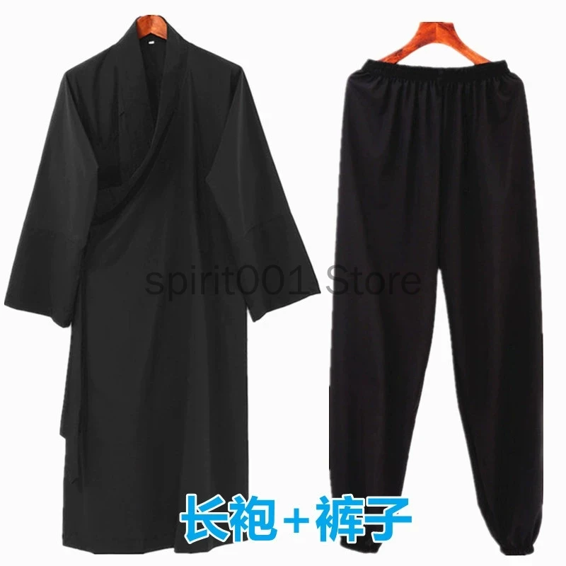 블랙 네이비 유니섹스 스님 쿵푸 로브 의상 긴 가운 성인 전통 중국 의상 빈티지 Hanfu Long Robe