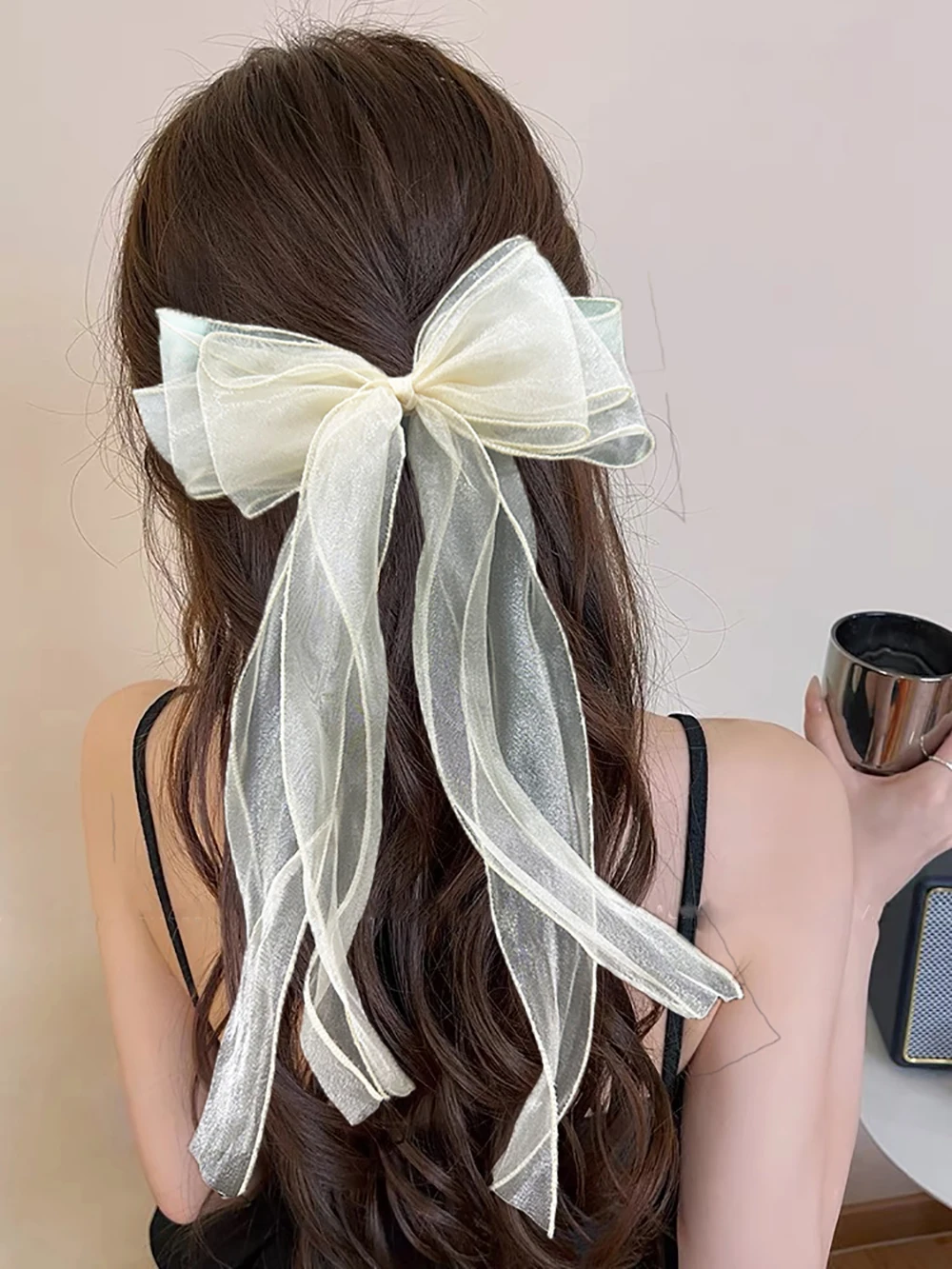 New Transparent mesh Long Ribbon Big Bow Hair Clips Barrettes Hairpin Bangs Buckle Hairclip Lovely Hair Accessories