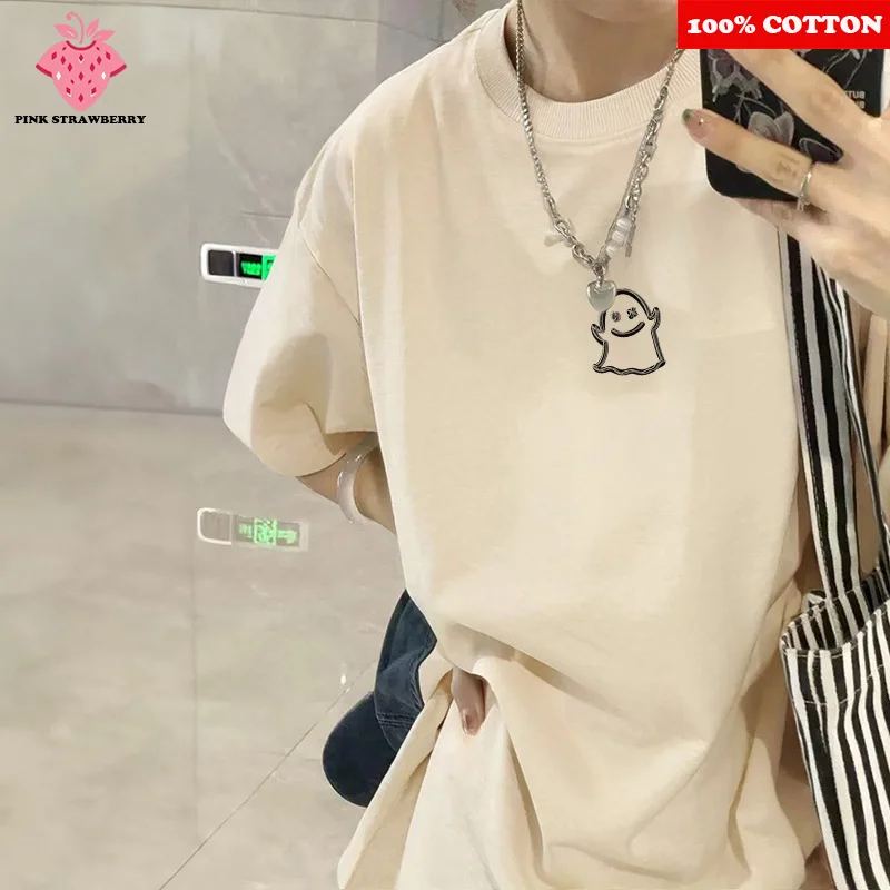 

Korean Cute Ghost Print T-shirt Women Summer 2025 New 100% Cotton Short sleeves Casual Loose Tee Y2k Tops Youth Female clothing