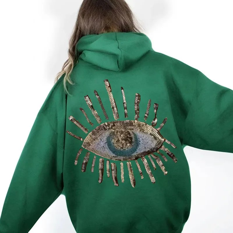 Autumn & Winter Women\'s New Devil\'s Eye Sequin Print Hoodie Fashion Loose Oversized XS-5XL Female Streetwear Solid Warm Top 2024