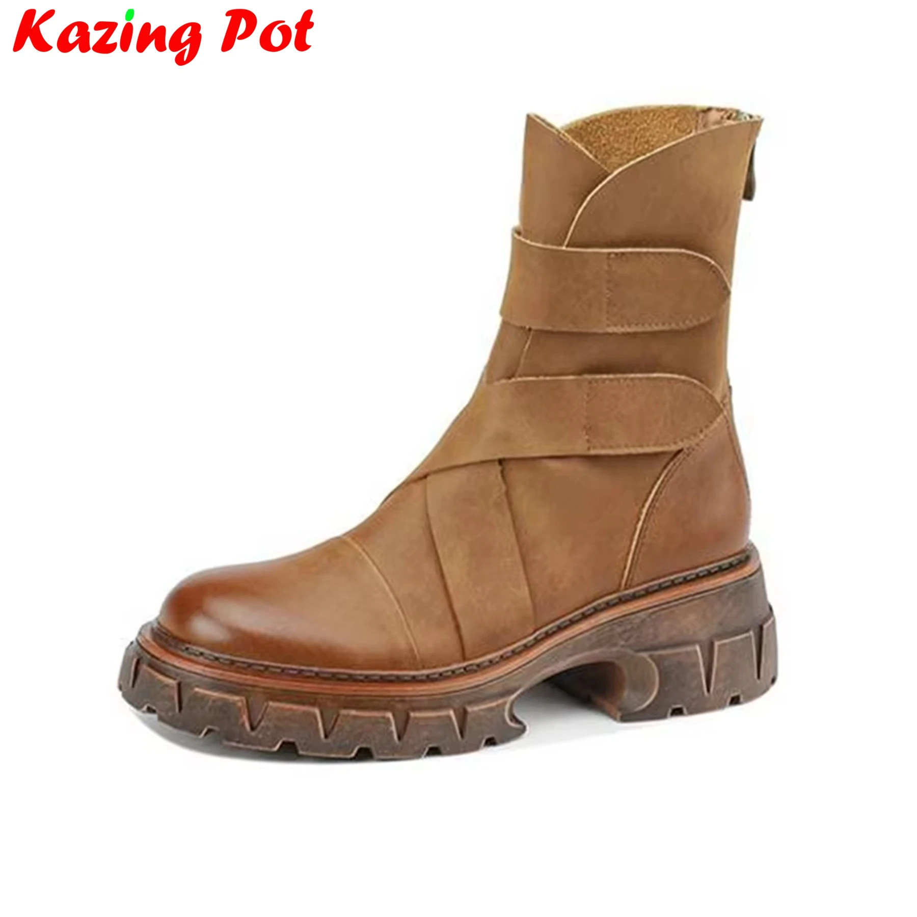 

Krazing Pot Cow Leather Vintage Thick Heels Round Toe Winter Warm Western Boots Gradient Color Hook Loop Platform Ankle Boots