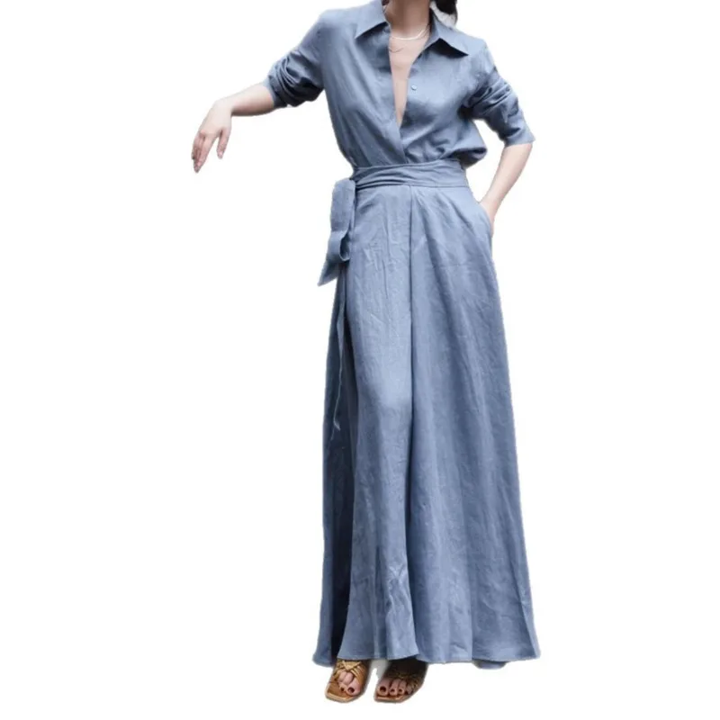 

[Vibe] Linen shirt top Wrap style long skirt set, 2025 spring and summer new product, casual, comfortable and simple style