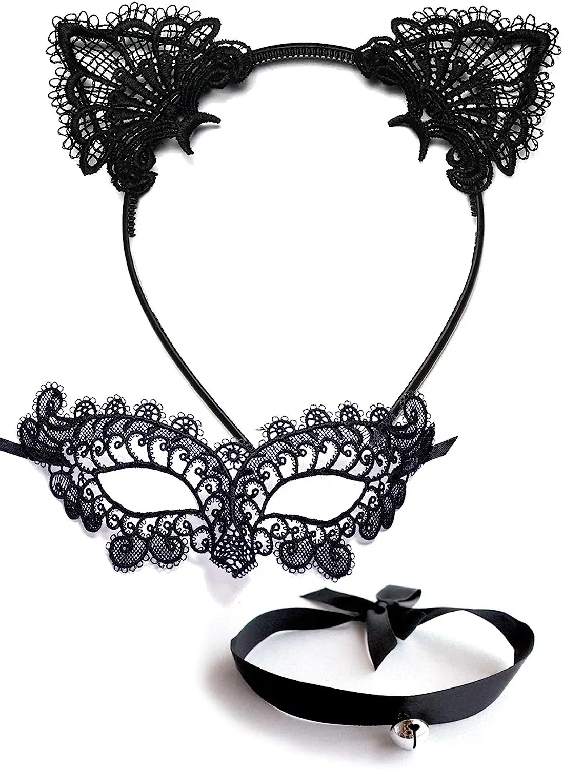 PESENAR Black Cat Costume for Women with Masquerade Mask, Lace Cat Ears Headband & Kitty Choker Adults / Adult