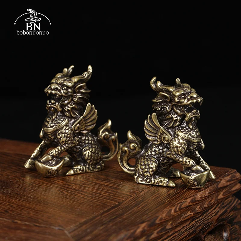 Antique Bronze Chinese Mythical Beast Qi Lin Statue 1 pair Copper Animal Ornaments Lucky Home Feng Shui Living Room Decorations